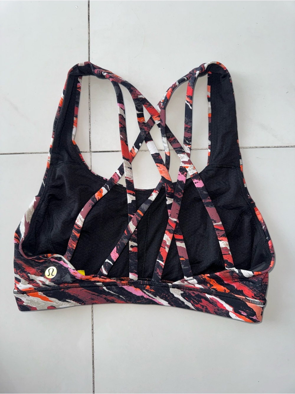 lululemon athletica Black Sports Bra with Pink & Red Marbled Straps